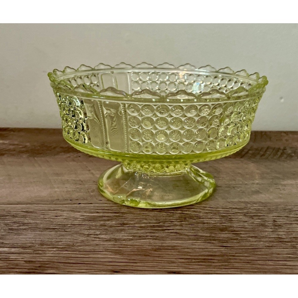 Antique EAPG Richard's & Hartley Three Panel Vaseline Glass Footed Bowl